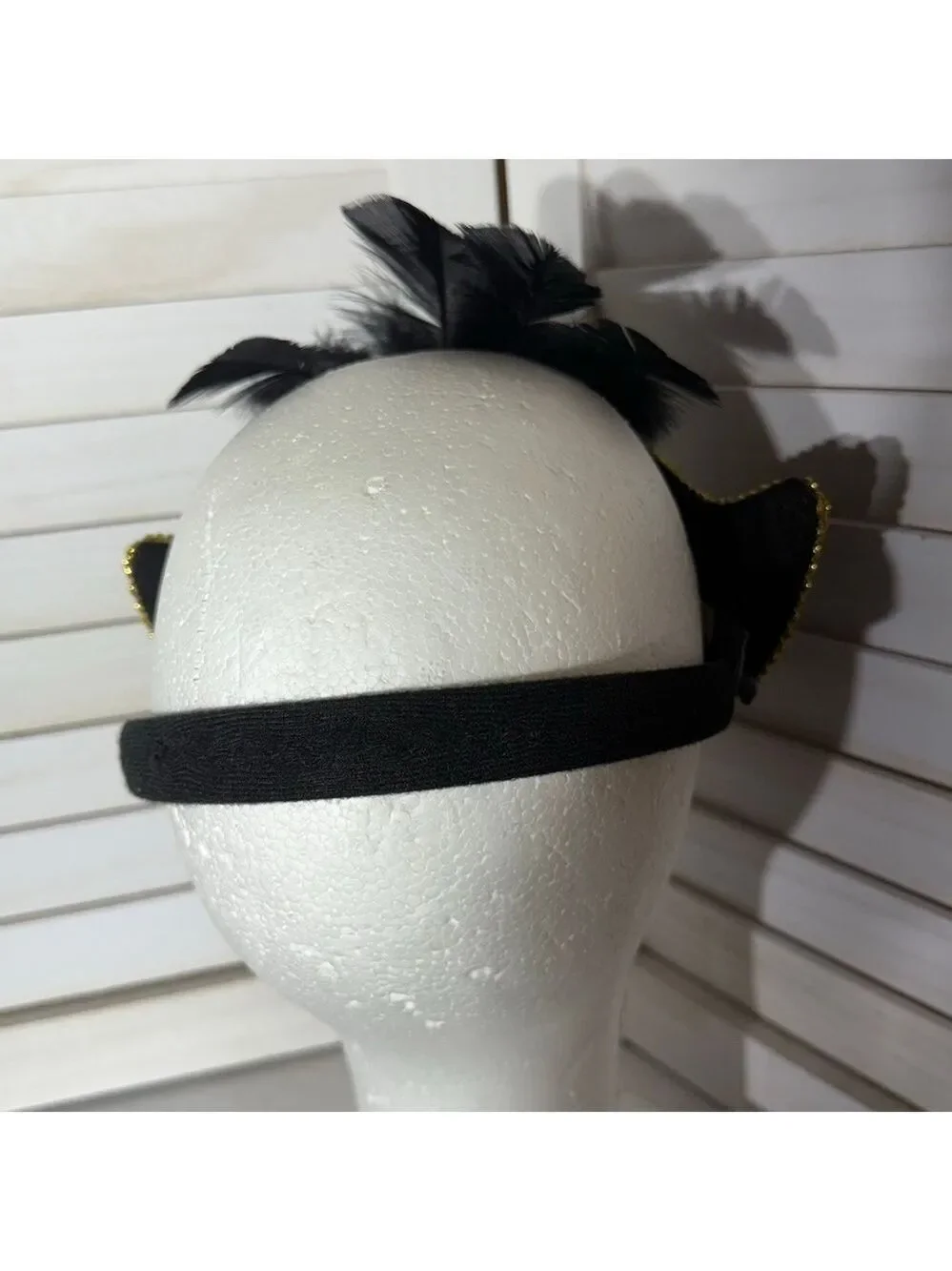 Masquerade Mask Black and Gold Embroidery Feathers OS